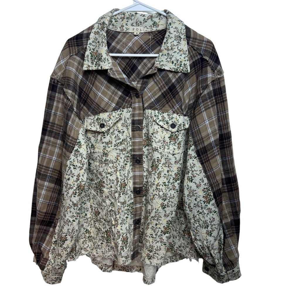 POL Mixed Media Plaid Floral Button Down Shirt Brown Womens S Baloon Sleeve Boho - Picture 1 of 10